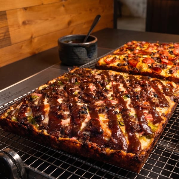 Two rectangular pizzas on a cooling rack, one with BBQ sauce and the other with pepperoni.