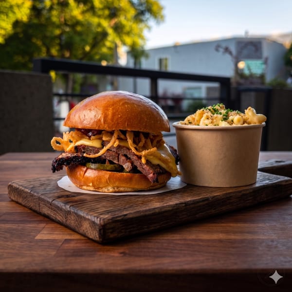 Brisket sandwich with crispy onions and mac and cheese on a wooden board outdoors.