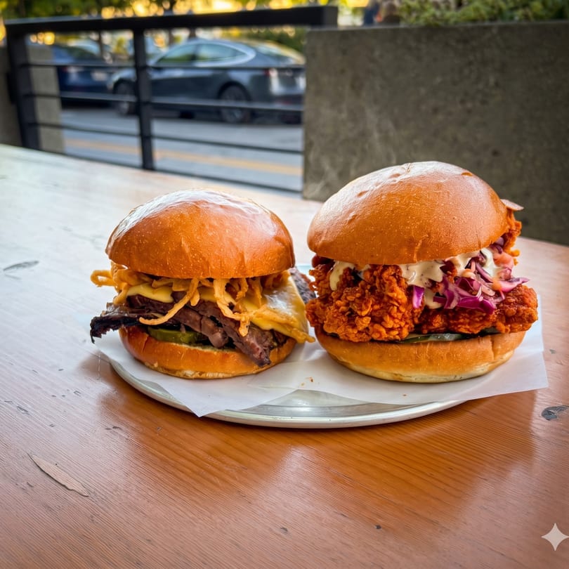 Two gourmet sandwiches, one with fried chicken and slaw, the other with beef and crispy onions.